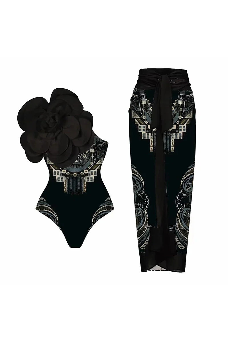 Floral Print One-Piece with 3D Black Flower
