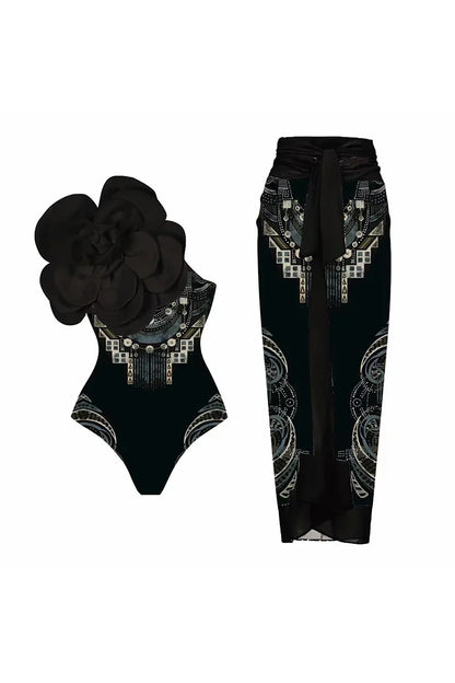 Floral Print One-Piece with 3D Black Flower