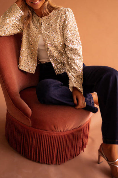Golden Fleece Sequined Open Front Cropped Jacket