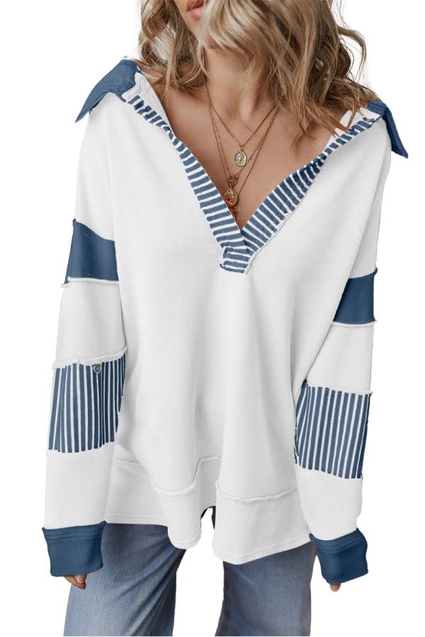 Light French Beige Striped Patchwork Collar Sweatshirt