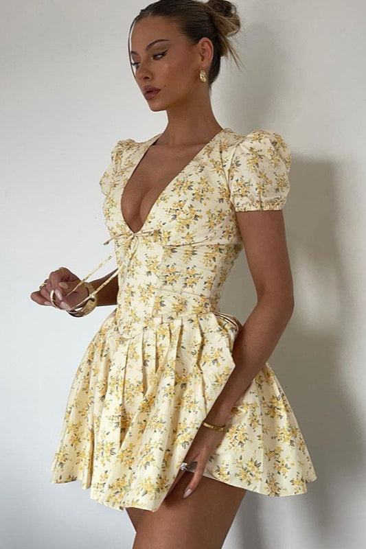 Floral Print Deep V-Neck Tie Front Puff Sleeve Tiered Ruffle Mini Dress