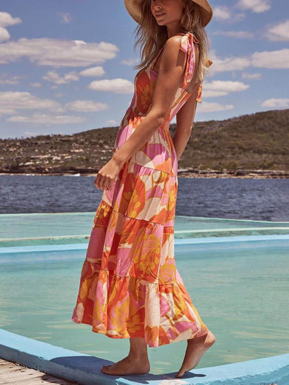 Smocked Square Neck Wide Strap Tiered Floral Maxi Dress