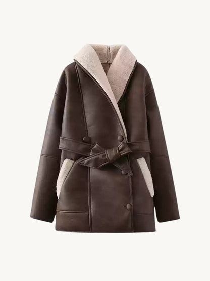 Mya Faux Leather Belted Shearling Coat