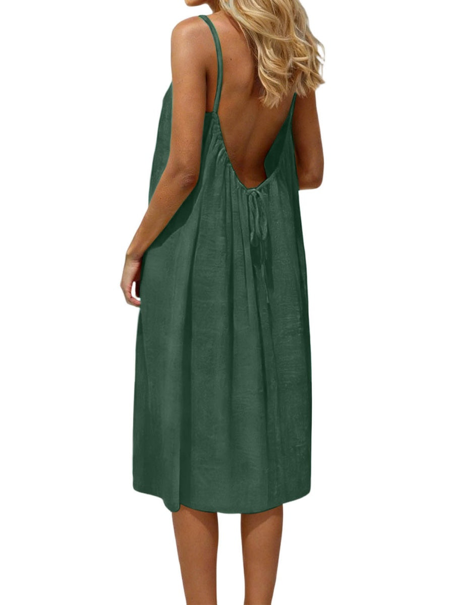 Ice Silk Linen Backless Halter Solid Color Midi Dress