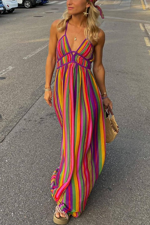 V Neck Backless Rainbow Stripes Cami Maxi Holiday Dress