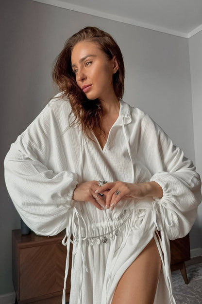 Cotton Cutout Tie Waist Long Sleeve Maxi Dress