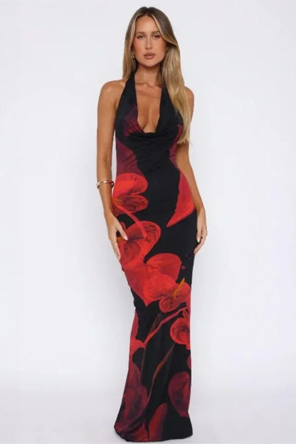 Halter Cowl Plunge Anthurium Floral Print Bodycon Maxi Dress