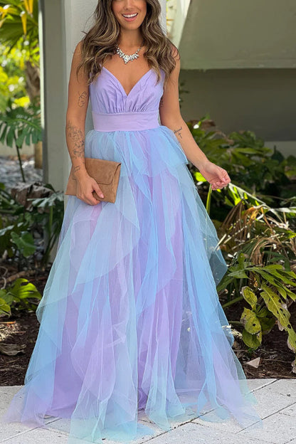 LAVENDER AND BLUE RUFFLED MESH MAXI DRESS