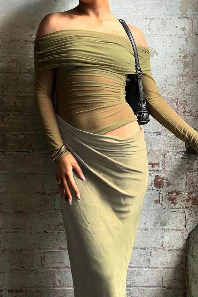 Off Shoulder Sheer Mesh Long Sleeve Ruched Bodice Draped Waist Panel Maxi Dress
