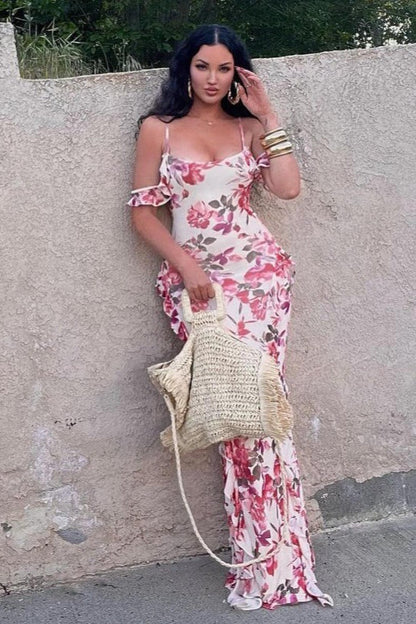 Floral Fitted Spaghetti Strap Casual Maxi Dress
