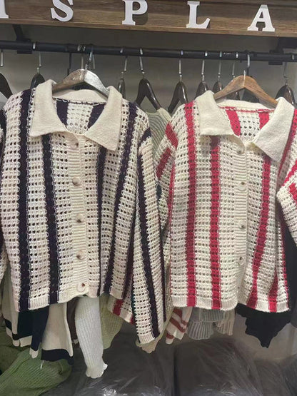 Cutout Striped Baggy Cardigan