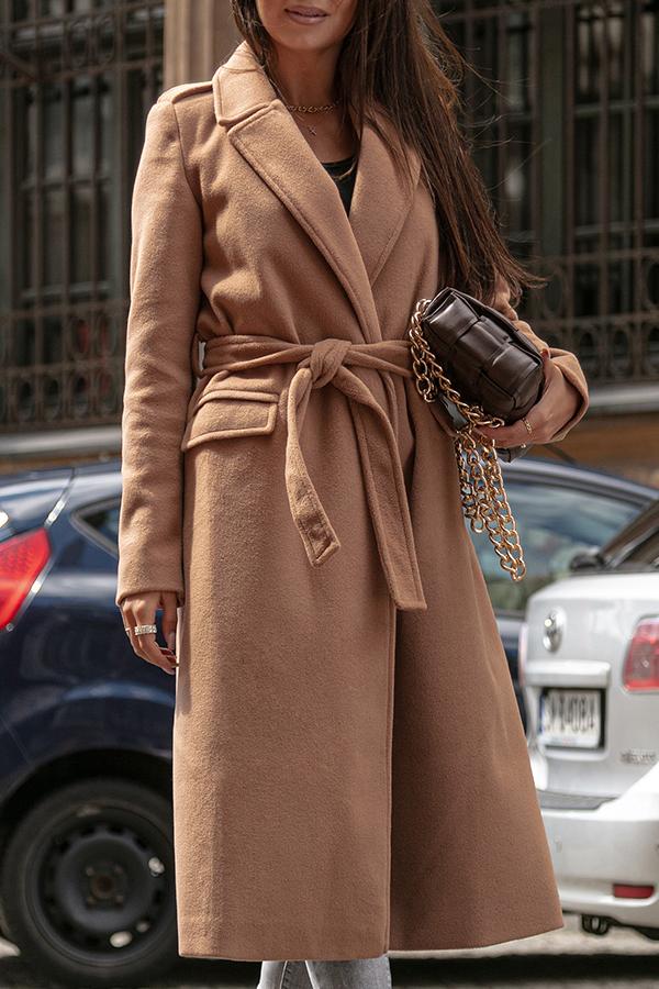 Simple Long-sleeved V-neck Tie Woolen Coat