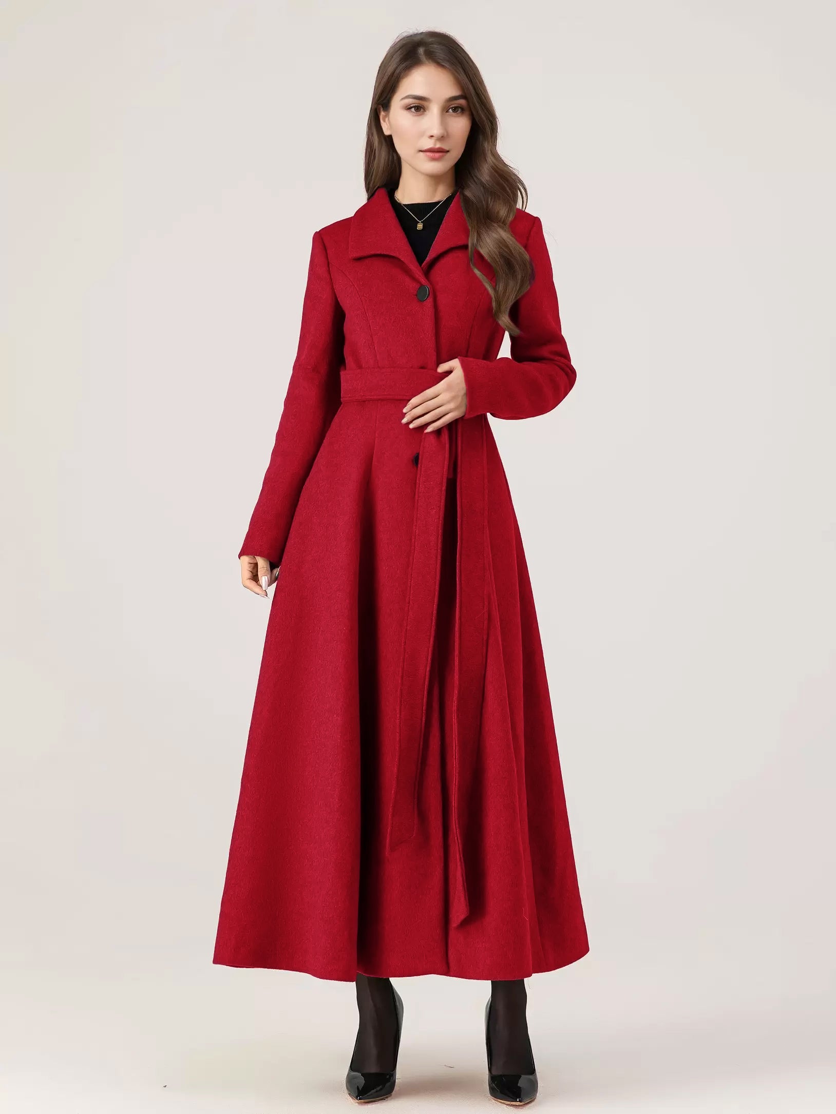 Long Woolen Flared Coat Gray Belted Winter Full Length Outerwear For Women 2026
