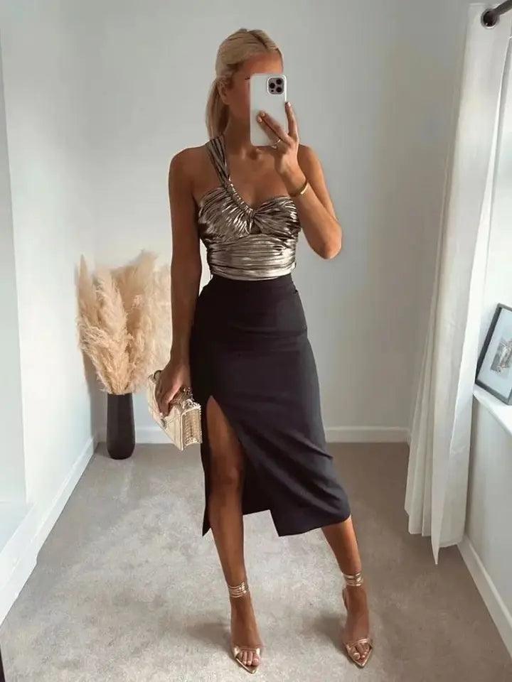 Metallic Golden One Shoulder Crop Top