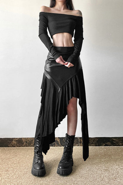 Edgy Ruffle Paneled Asymmetrical Skirt