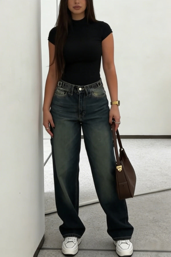 Stylish High-waisted Loose-fitting Pocket Casual Straight-leg Wide-leg Jeans