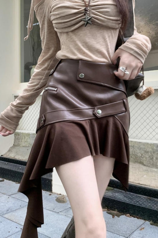 Asymmetrical Ruffle A-Line PU Leather Skirt