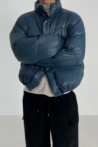 Classic Collar Cropped Solid Puffer Jacket