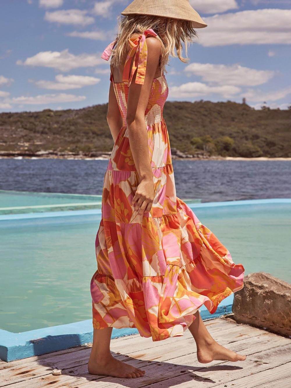 Smocked Square Neck Wide Strap Tiered Floral Maxi Dress