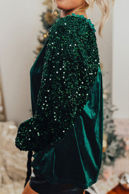 Sequin Patchwork Sleeve Button Up Velvet Top