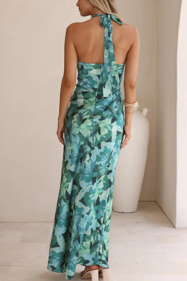 Floral Print Sleeveless Halter Neck Tie Holiday Maxi Dress