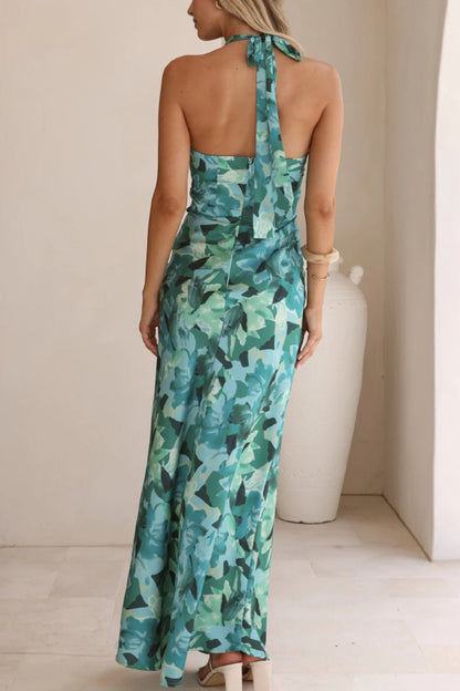 Floral Print Sleeveless Halter Neck Tie Holiday Maxi Dress