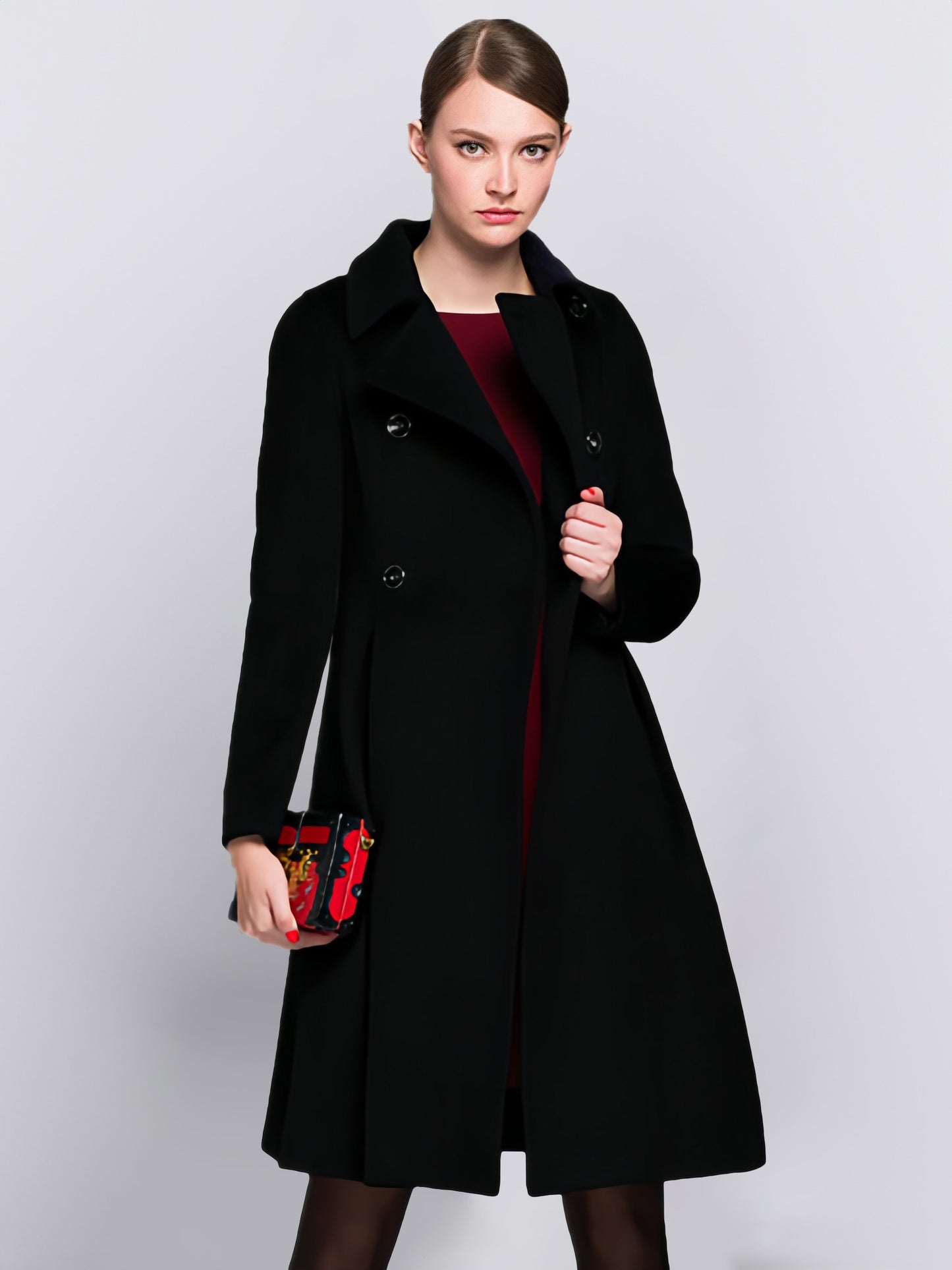Flared Woolen Coat In Burgundy Double-Breasted Turndown Collar A-line Winter Midi Outerwear For Women 2026