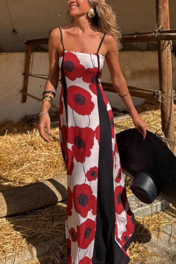 Floral Print Suspenders Paneled Back Pleated Maxi Dress