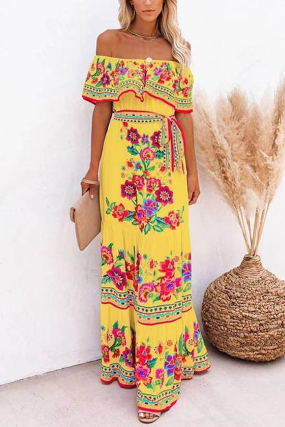 Off-shoulder printed long swing dress