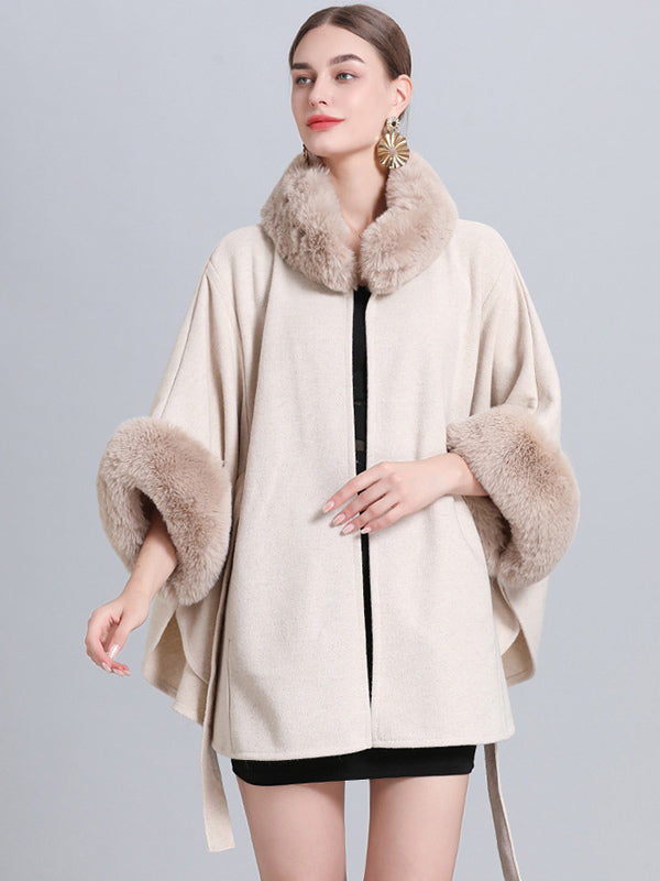 Women Poncho High Collar Light Gray Oversized Faux Fur Cape