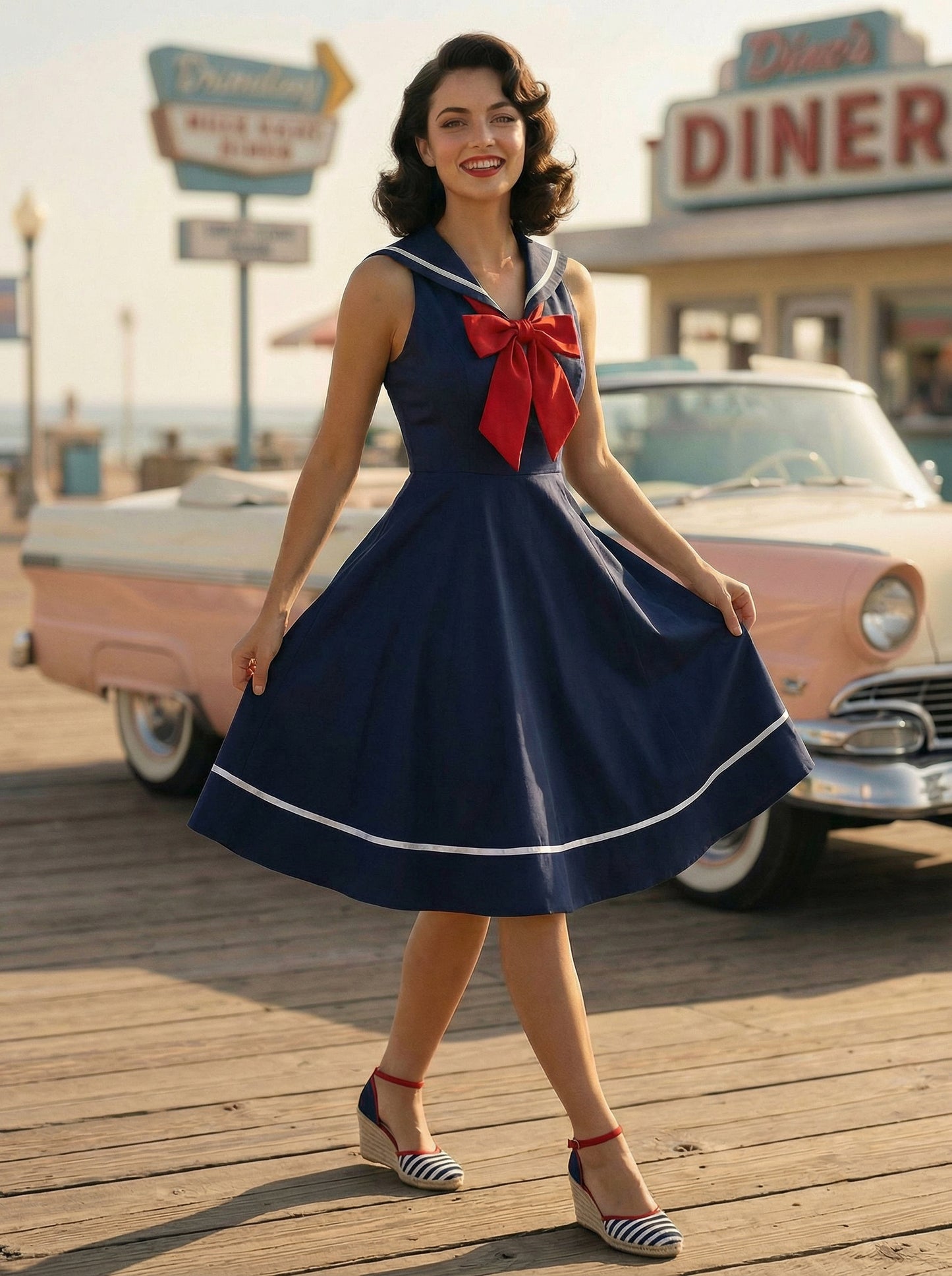 Sailor Collar Bow Knot Sleeveless Retro Swing A-Line Dress For Women 2026