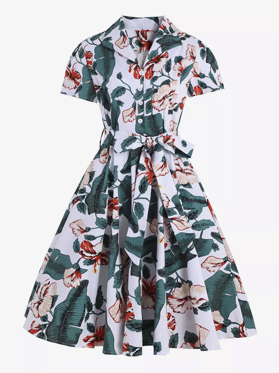 Vintage Printed Tea Dress for Women - 1950s A-Line Belted Short Sleeve Rockabilly Swing Midi Dress - Holiday Picnic 2026