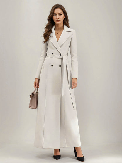 White Longline Woolen Coat Notched Lapel Double Breasted Belted Winter Full Length Outerwear For Women 2026