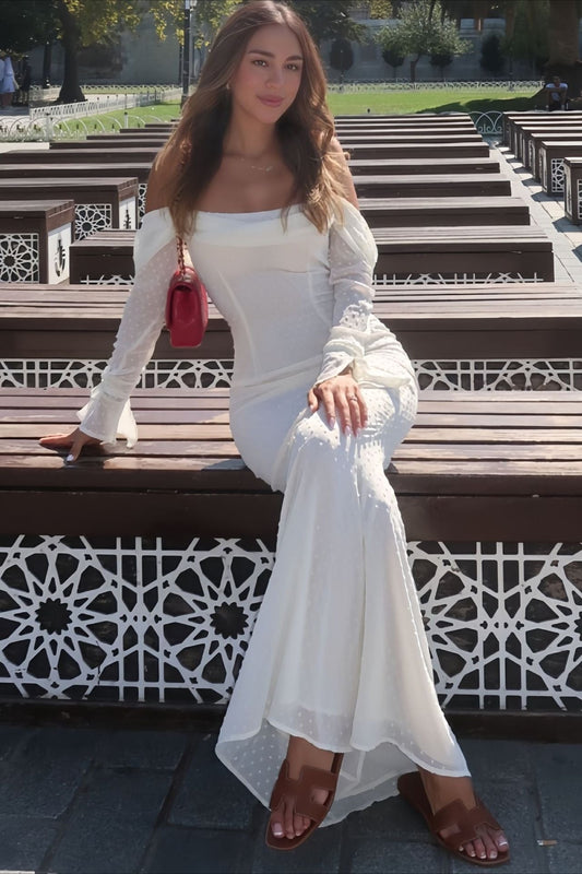 Mesh Double-Layer One-Shoulder Backless Mermaid Long Sleeve Maxi Dress