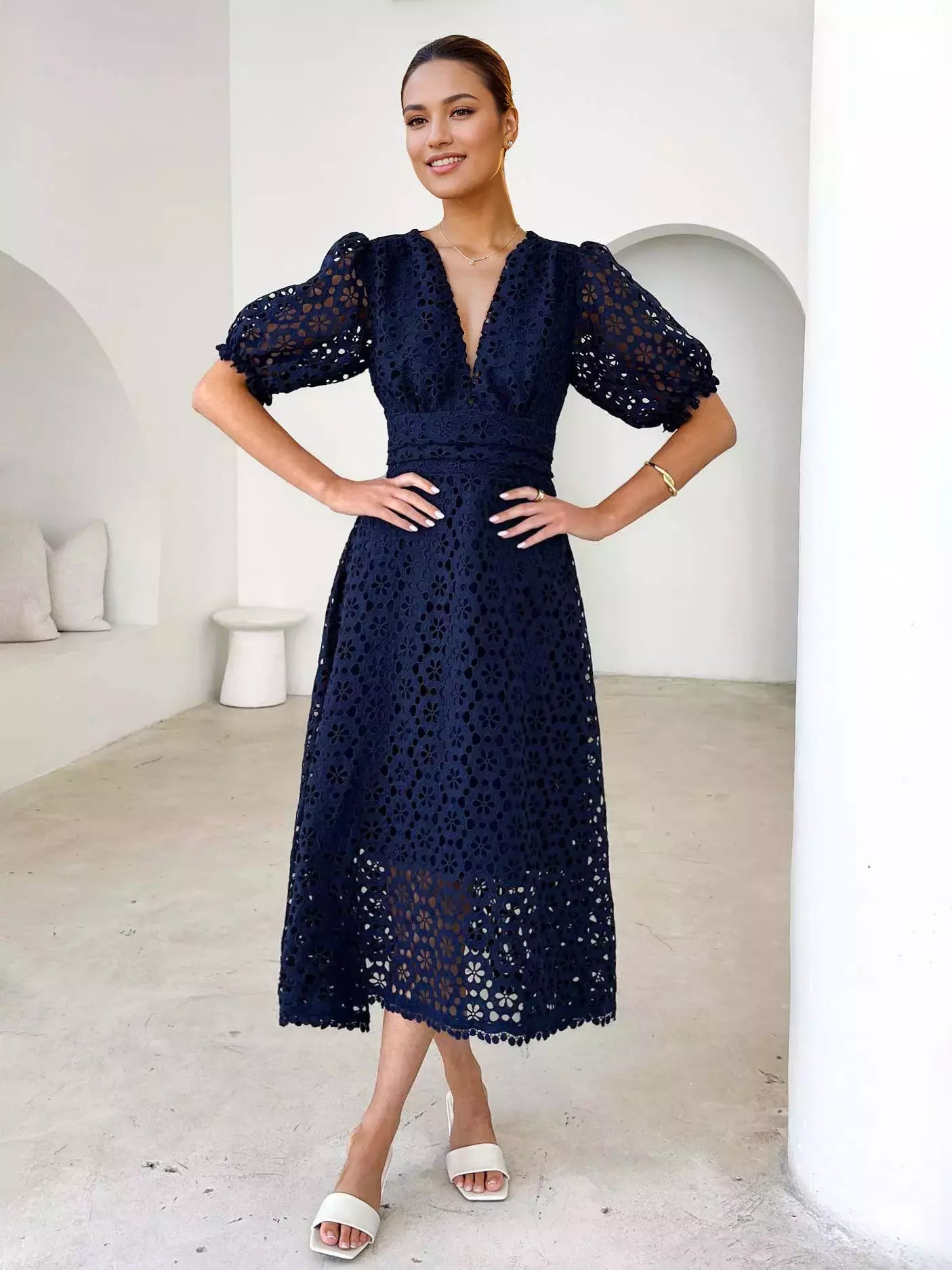 Lace Dress V-neck Puff Sleeve A-line Midi Dress For Women 2026