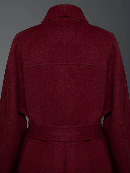 Burgundy Wool Cashmere Blend Wrap Coat For Woman Lapel Elegant Belted Double-Faced Winter Outerwear 2026