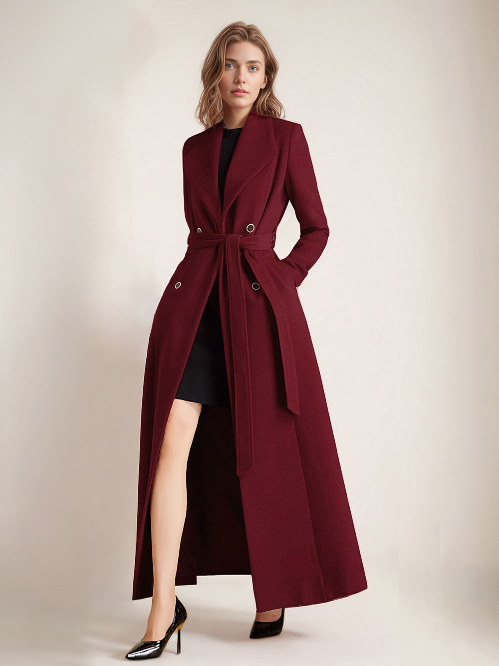 Maxi Woolen Coat For Women Double-breasted Large Lapel Belted A-line Full Length Winter Outerwear 2026