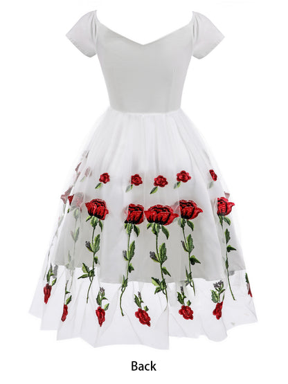 Rose Embroidered Vintage Midi Swing Dress for Women - 1950s Off Shoulder Style A-Line - Summer Tea Party 2026