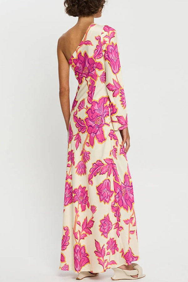Satin Rose Print One-Shoulder Maxi Dress