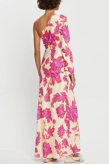 Satin Rose Print One-Shoulder Maxi Dress