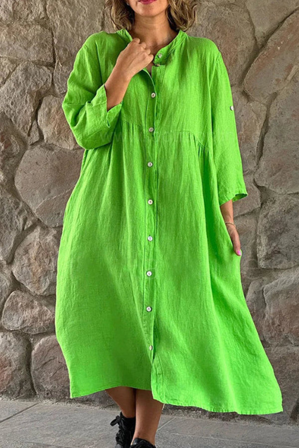 Cotton linen solid color casual stand collar button long dress