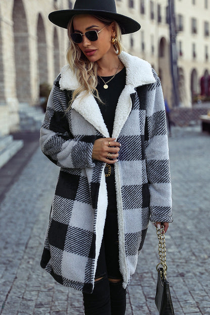 Lapel Plaid Open Front Coat
