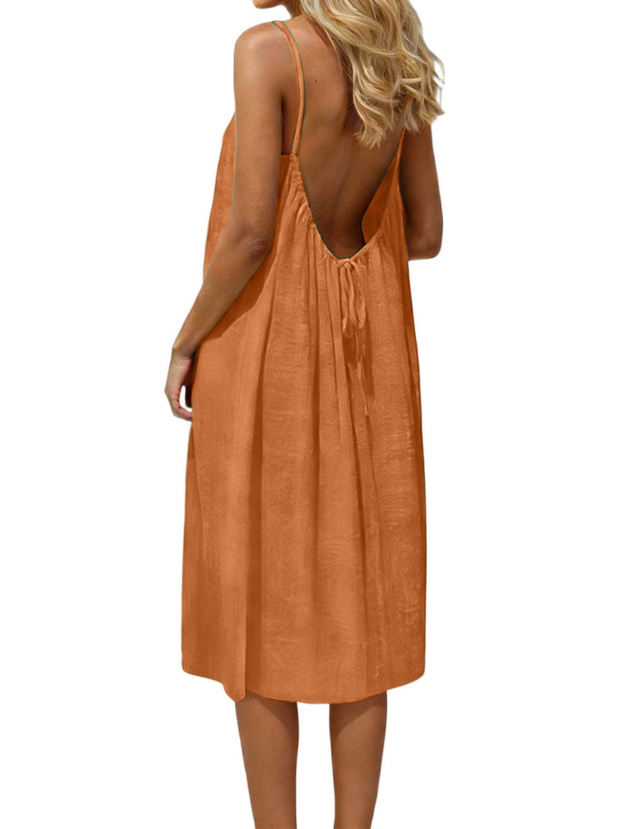 Ice Silk Linen Backless Halter Solid Color Midi Dress