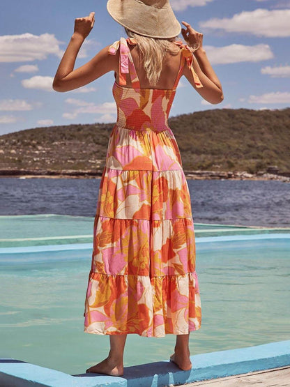 Smocked Square Neck Wide Strap Tiered Floral Maxi Dress