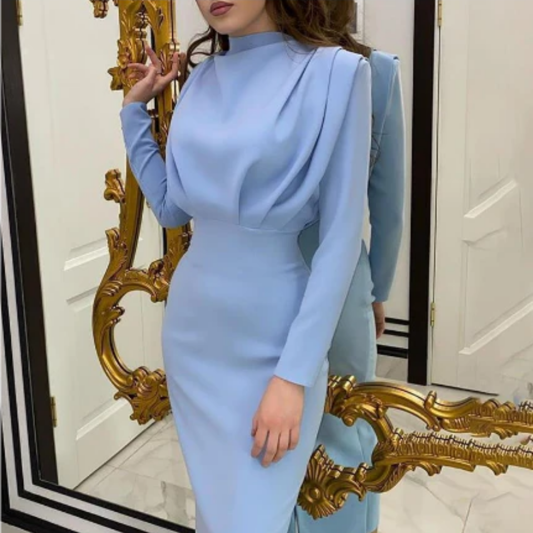 Mock Neck Draped Bodice Long Sleeve Bodycon Midi Dress