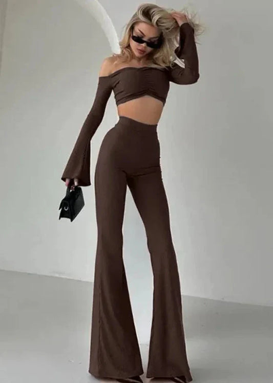 Elegant Off-Shoulder Flare Sleeve Two-Piece Set
