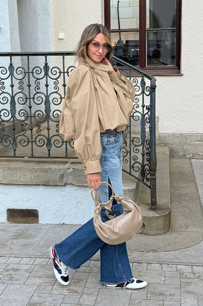 Short Khaki Puff Sleeve Trench Coat