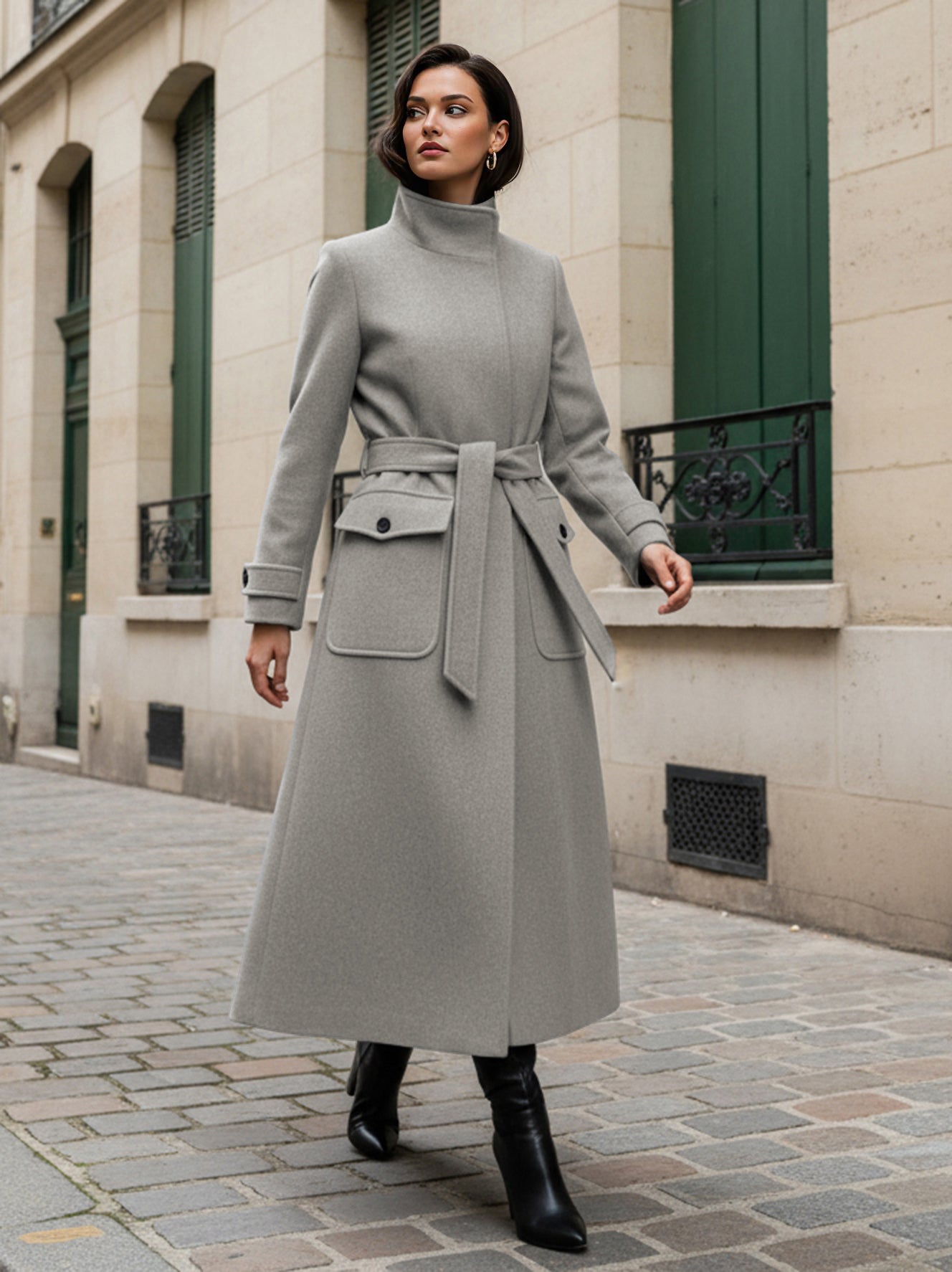 Belted Woolen Stand-Collar Long Winter Coat With Functional Pockets For Women 2026