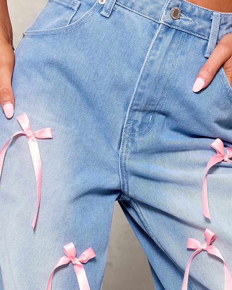 Bow High-Rise Wide-Leg Jeans