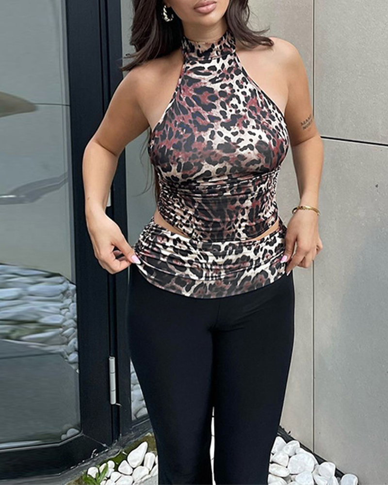 Leopard Print Paneled Flared Trousers Suit